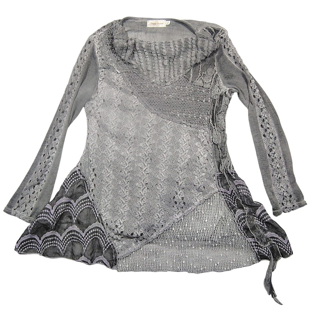 Simply Couture Tunic Women XL Grey Mixed  Lace Knit Ruffle Mesh Acrylic Blend